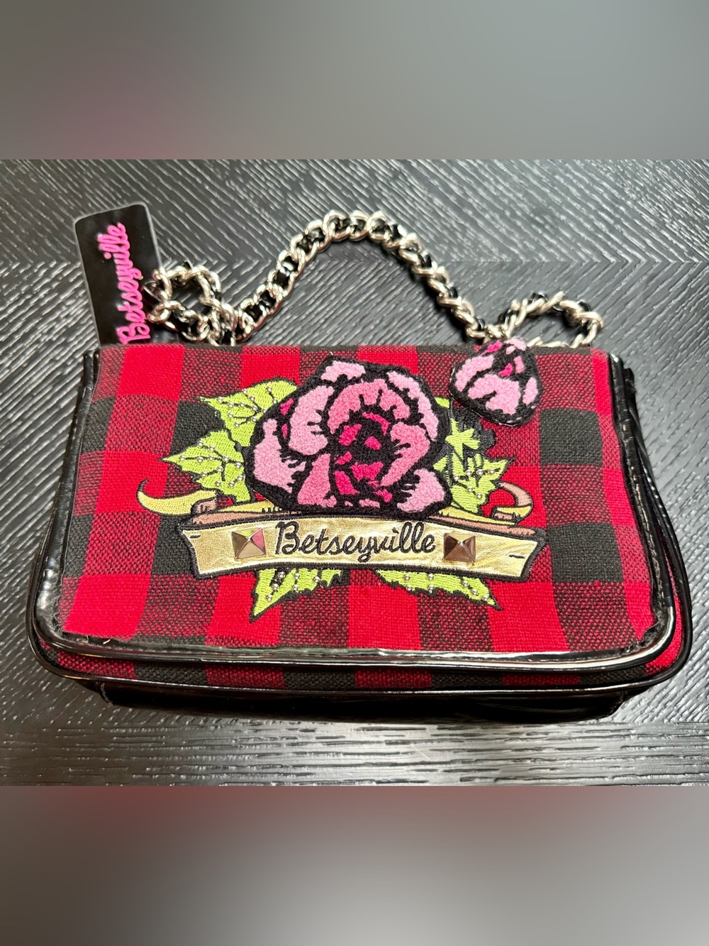 Betsey Johnson Red & Black Plaid Floral Chain Shoulder Bag